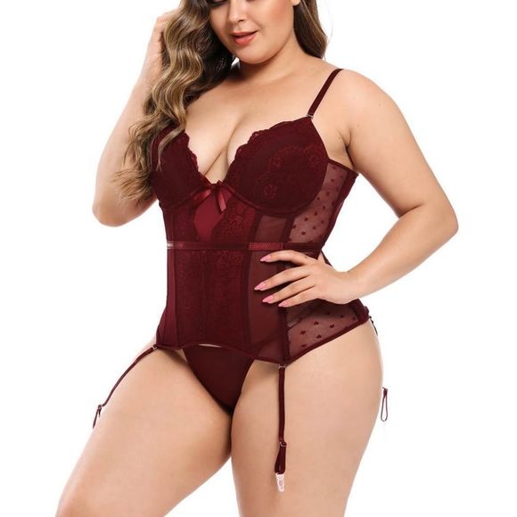 🏷🆕S-2XL; Women's Wine Red Corset with Garter and Matching G String Panties Set - Picture 2 of 14